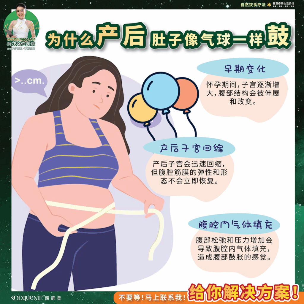 产后肚子鼓得像气球?不仅是脂肪!从子宫回缩到腹腔筋膜恢复,完整解析产后腹部膨胀的真正原因。结合 DEqueME Balance Diet Plus 的结构饮食策略,帮助你安全、科学地重建核心与代谢。新手妈妈必读。