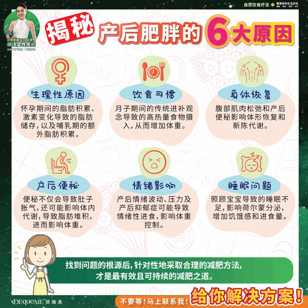 产后为何总是难以瘦下去？从激素变化、月子进补、腹部肌群松弛、便秘、情绪波动到睡眠不足，全面解析产后发胖的六大核心原因。结合 DEqueME Balance Diet Plus 的结构饮食策略，帮助新手妈妈安全重建代谢、走回轻盈。