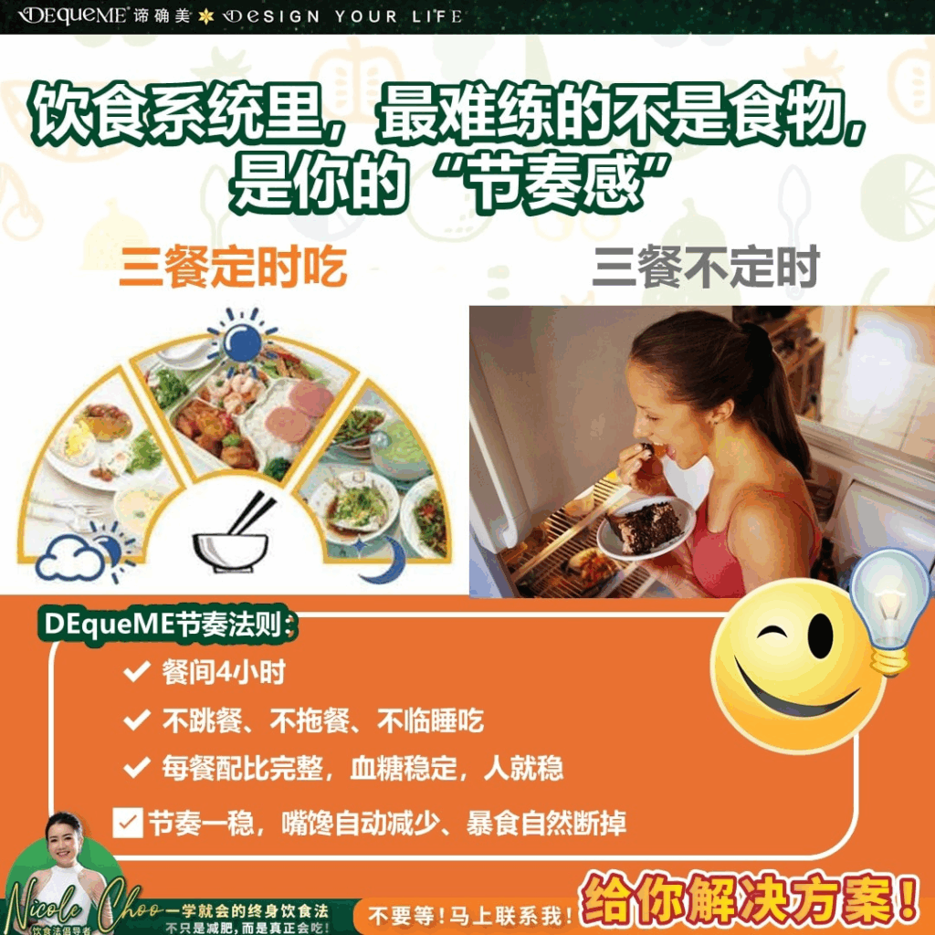 许多人吃得不多、不油、不乱,却始终瘦不下来。真正原因不是吃错,而是“吃得太乱”。本文深入解析为什么饮食节奏会破坏代谢,让你越节食越胖,并分享 DEqueME饮食法 的三大核心原则,帮你重建稳定血糖、减少暴食渴望,让身体自然回到轻盈状态。