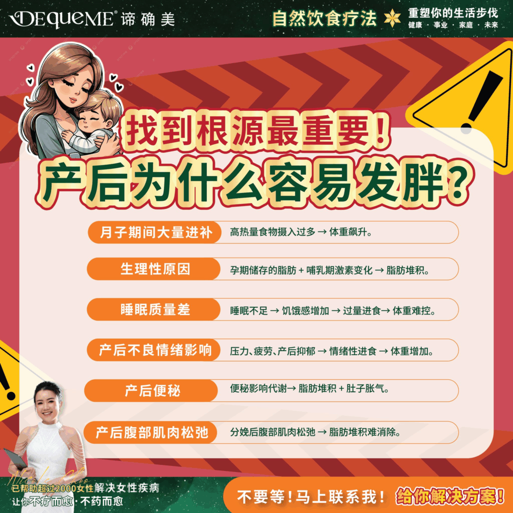 告别产后体重困扰！揭秘 6 个让妈妈身材难恢复的真相，从生理到情绪，深度解析发胖根源。别再盲目节食，找到你的专属【DEqueME饮食法】方案，轻松安全恢复自信身材！