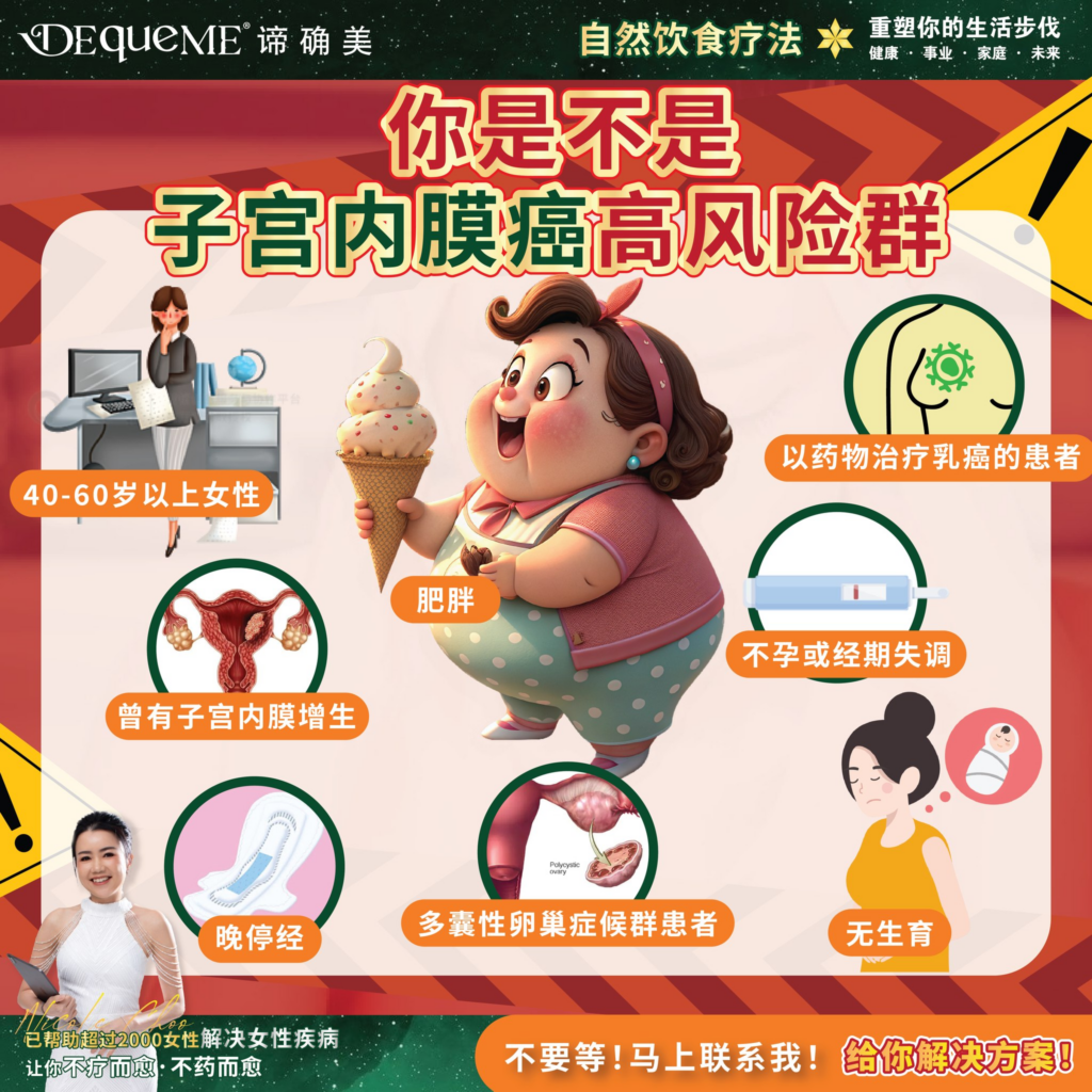 你的体重是否在飙升?月经是否“乱得离谱”?小心!这可能是子宫内膜癌的高风险警报。深度解析肥胖与雌激素失衡如何影响女性健康,并揭秘【DEqueME Balance Diet Plus】天然饮食疗法,帮助您不节食、不依赖药物,重塑体内平衡,远离癌症风险。健康不能等!